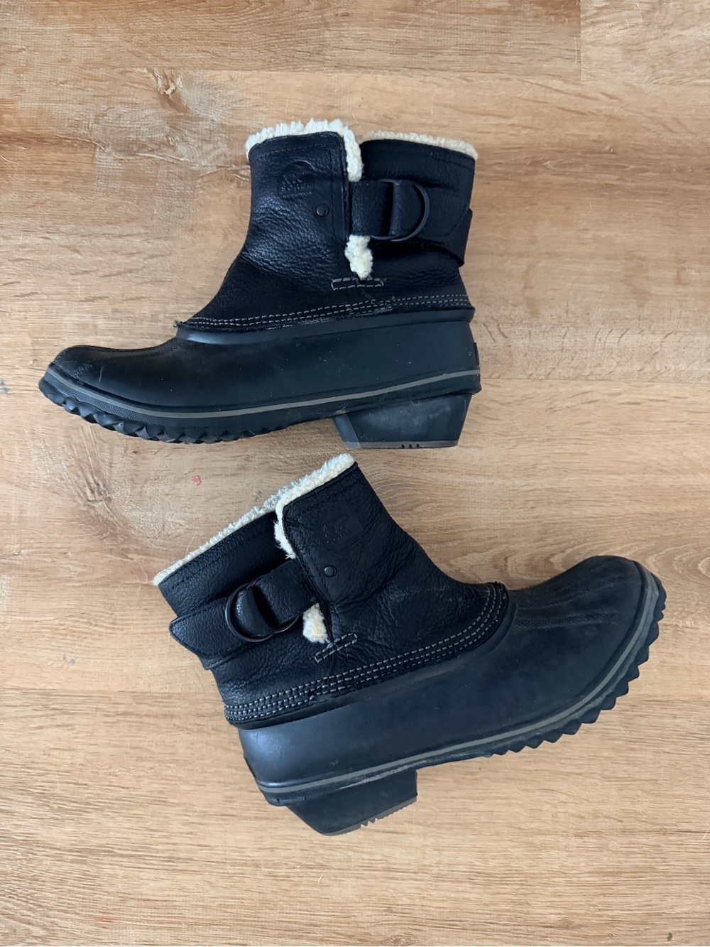 Sorel Leather Black Women's Winter Ankle Boots with Shearling Trim